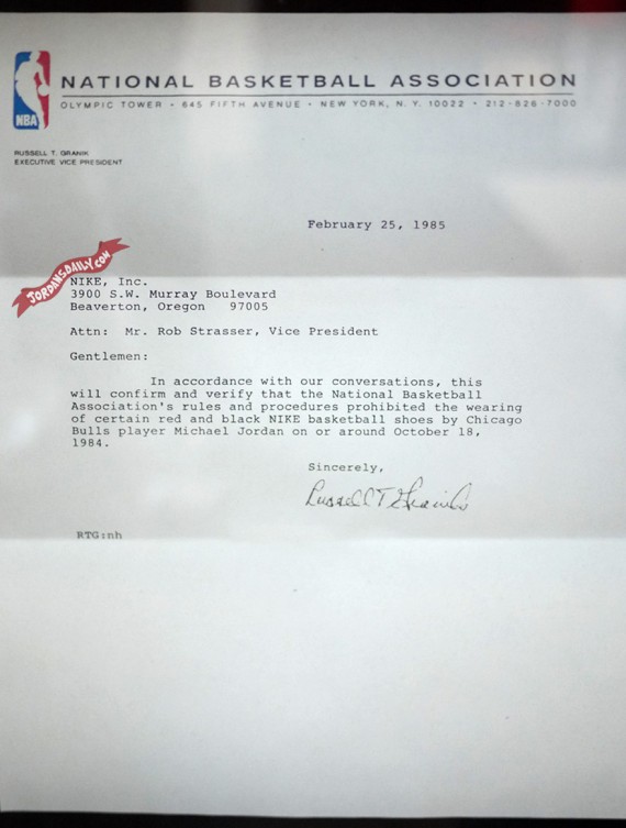 Original NBA Letter to Nike Inc: Air Jordan 1 Banned - Circa 1985