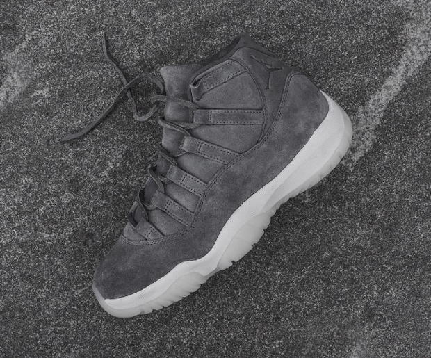 Jordan 11 grey store suede on feet